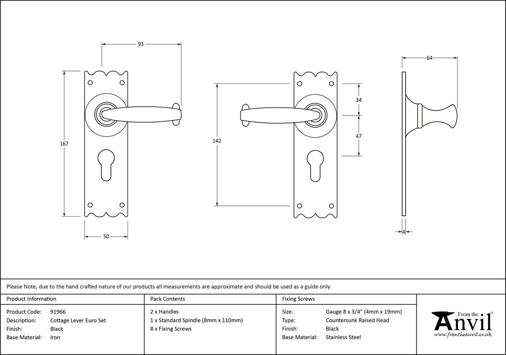 Black Cottage Lever Euro Lock Set - 91966 - Technical Drawing