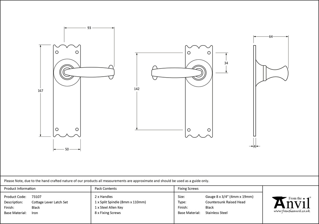 Black Cottage Lever Latch Set - 73107 - Technical Drawing