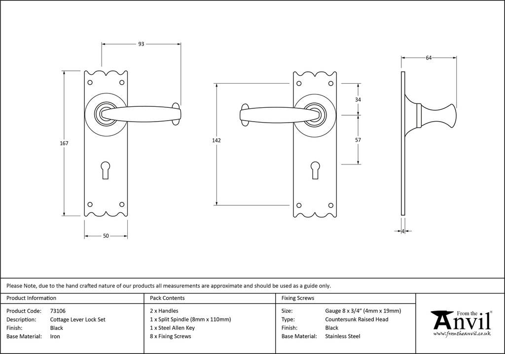 Black Cottage Lever Lock Set - 73106 - Technical Drawing