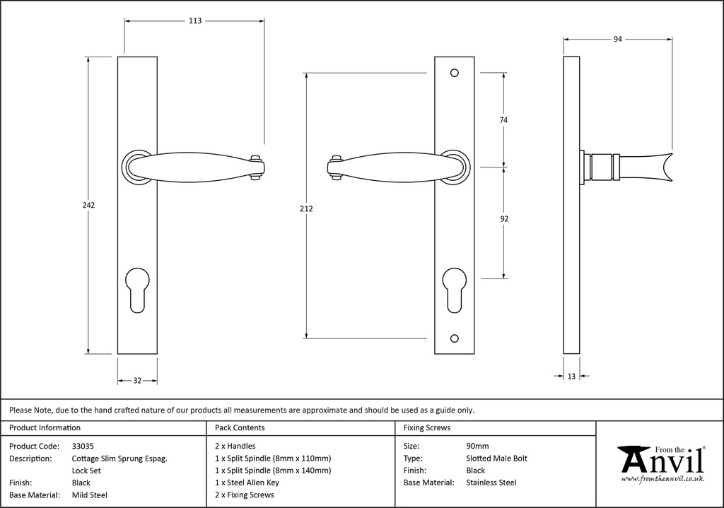 Black Cottage Slimline Lever Espag. Lock Set - 33035 - Technical Drawing