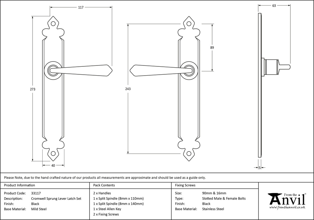 Black Cromwell Lever Latch Set - 33117 - Technical Drawing