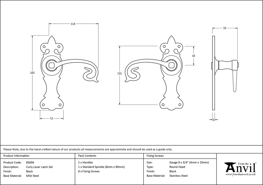 Black Curly Lever Latch Set - 83694 - Technical Drawing