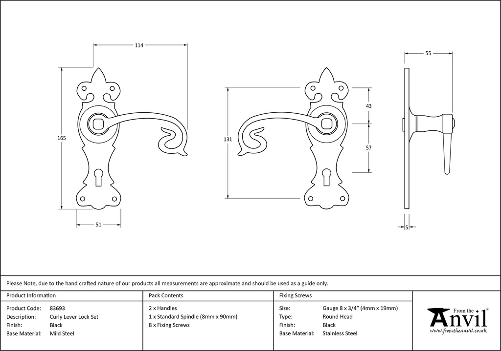 Black Curly Lever Lock Set - 83693 - Technical Drawing
