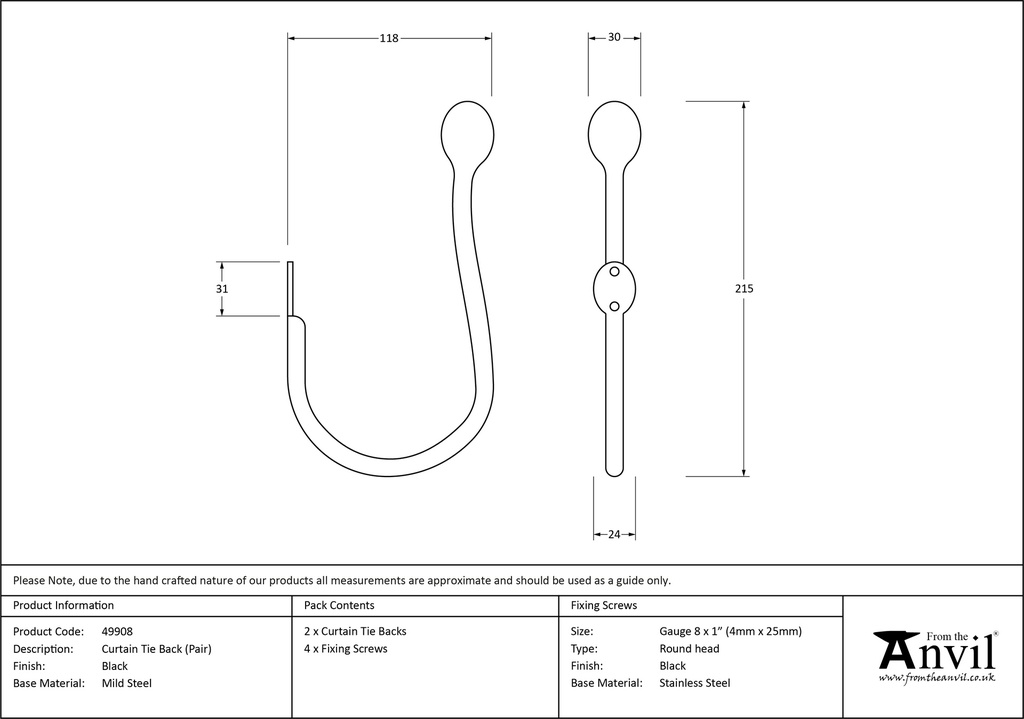 Black Curtain Tie Back (pair) - 49908 - Technical Drawing