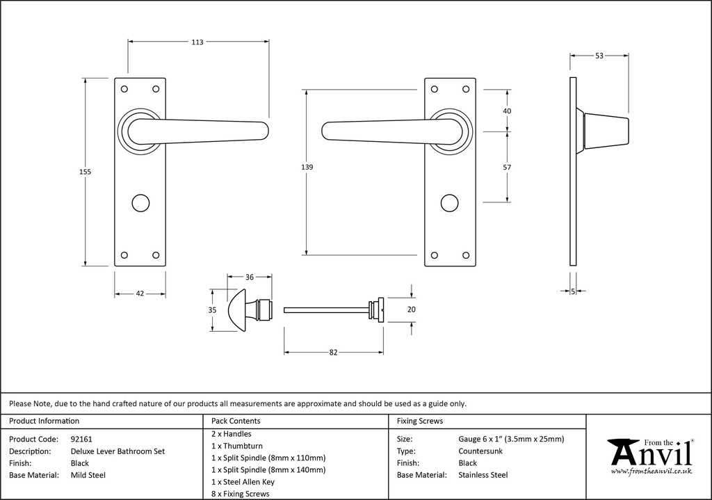 Black Deluxe Lever Bathroom Set - 92161 - Technical Drawing