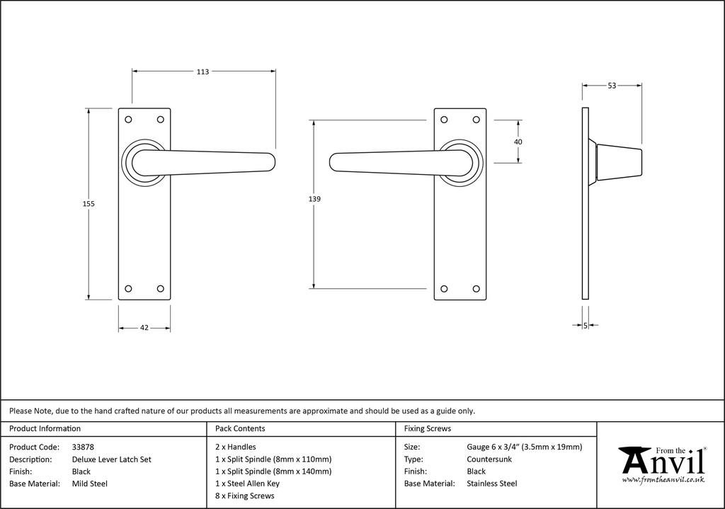 Black Deluxe Lever Latch Set - 33878 - Technical Drawing