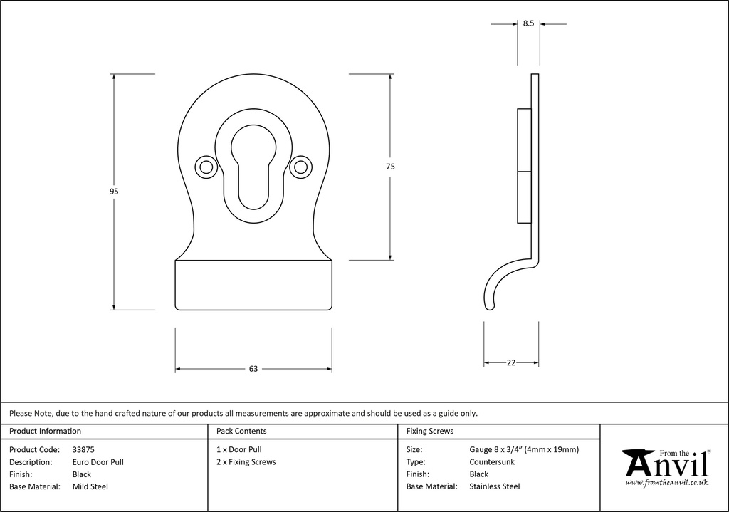 Black Euro Door Pull - 33875 - Technical Drawing