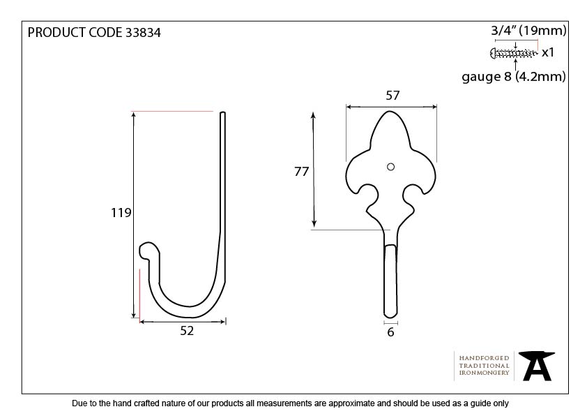 Black Fleur-De-Lys Coat Hook - 33834 - Technical Drawing