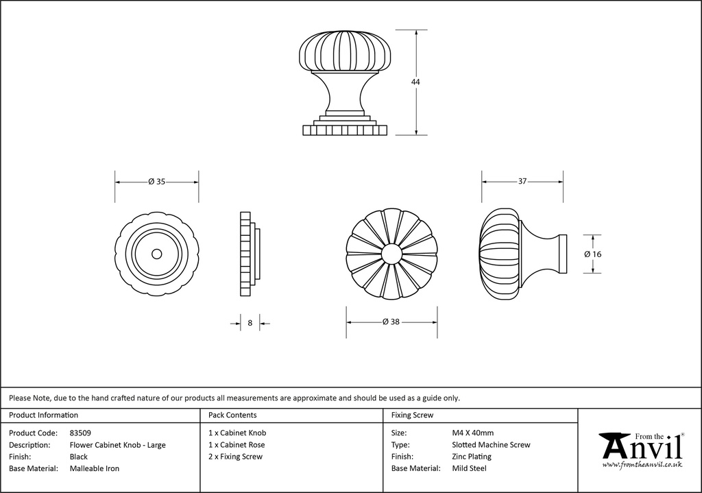Black Flower Cabinet Knob - Large - 83509 - Technical Drawing