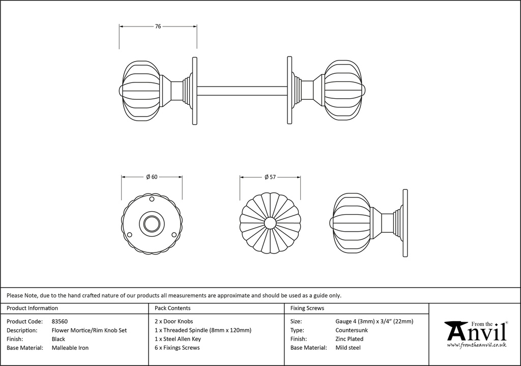 Black Flower Mortice Knob Set - 83560 - Technical Drawing