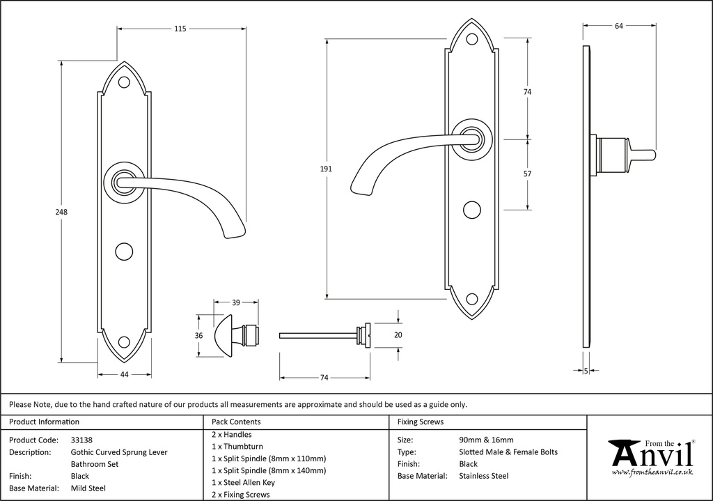 Black Gothic Curved Sprung Lever Bathroom Set - 33138 - Technical Drawing