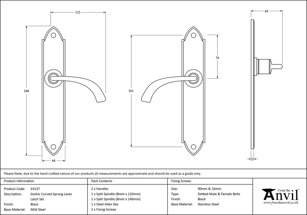 Black Gothic Curved Sprung Lever Latch Set - 33137 - Technical Drawing