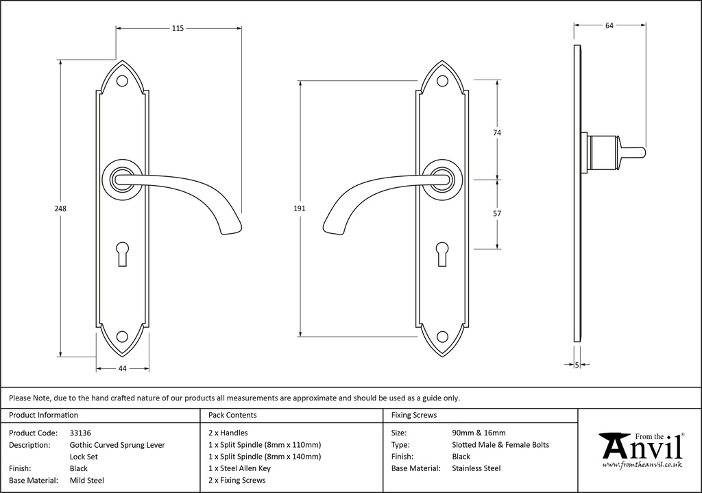 Black Gothic Curved Sprung Lever Lock Set - 33136 - Technical Drawing