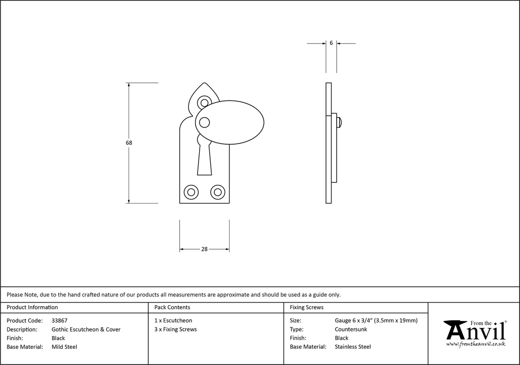 Black Gothic Escutcheon &amp; Cover - 33867 - Technical Drawing
