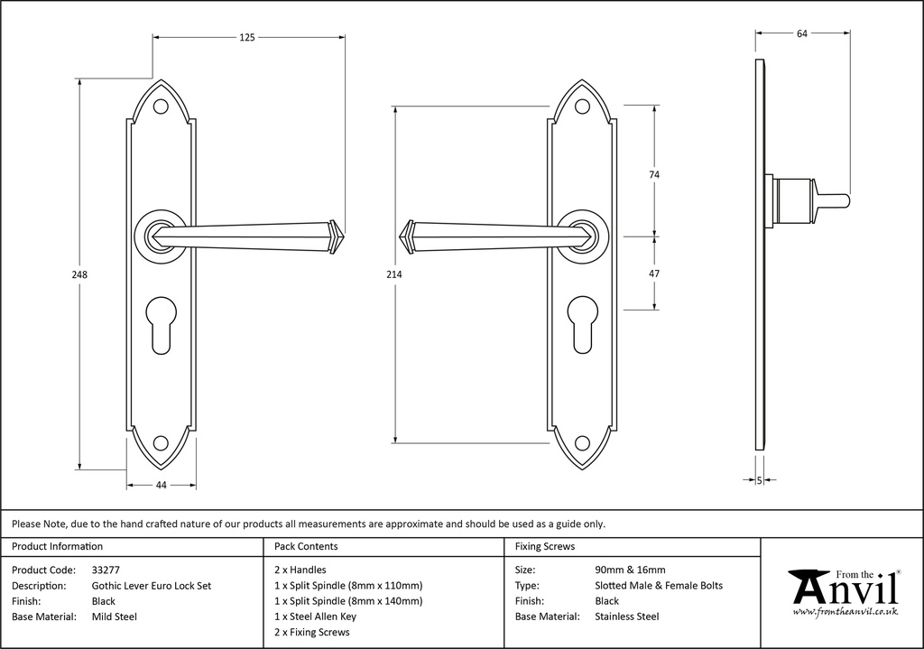 Black Gothic Lever Euro Lock Set - 33277 - Technical Drawing