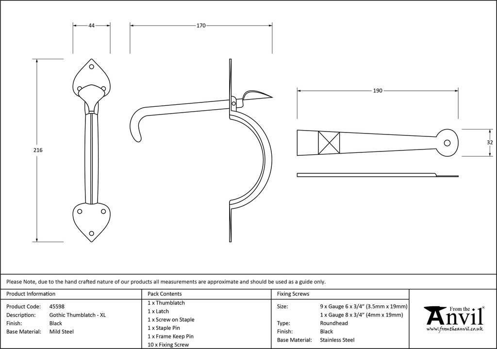 Black Gothic Thumblatch - XL - 45598 - Technical Drawing