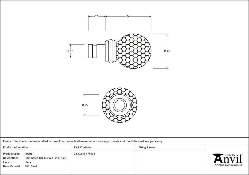 Black Hammered Ball Curtain Finial (pair) - 49901 - Technical Drawing