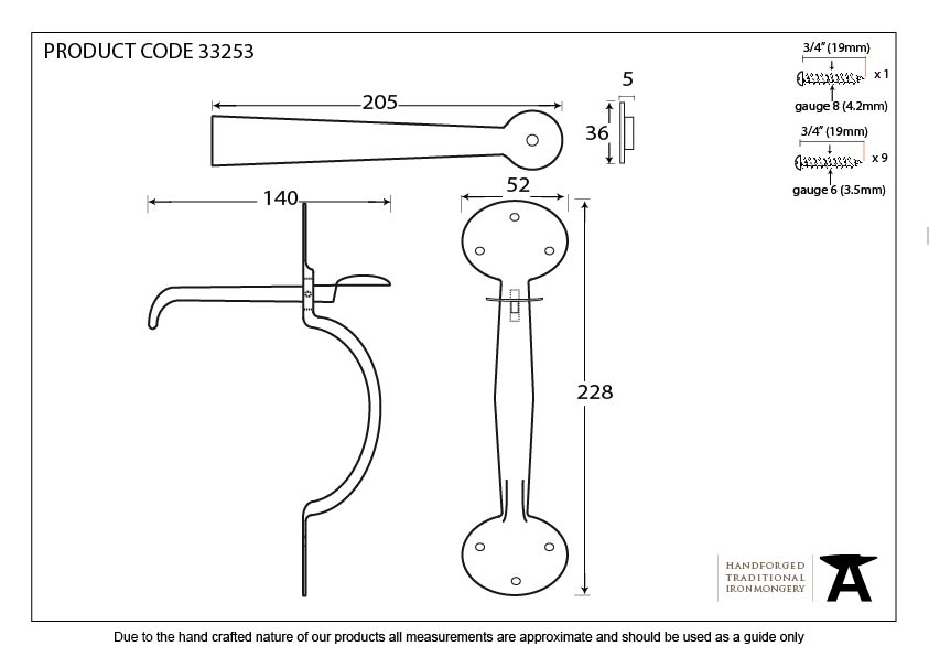 Black Heavy Bean Thumblatch - 33253 - Technical Drawing