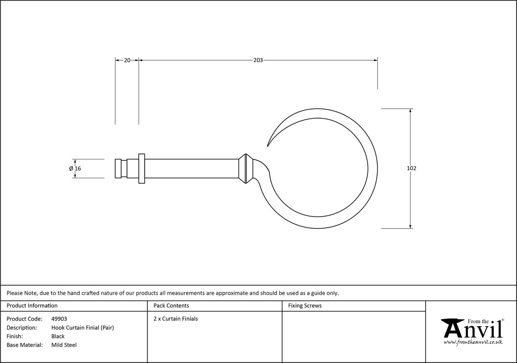 Black Hook Curtain Finial (pair) - 49903 - Technical Drawing