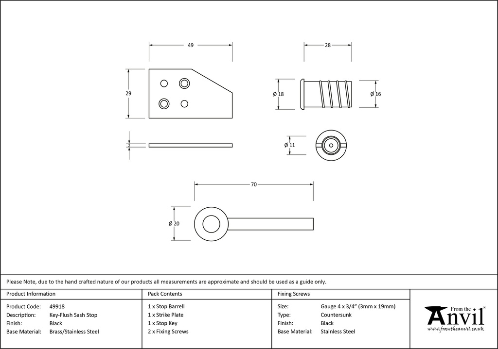 Black Key-Flush Sash Stop - 49918 - Technical Drawing