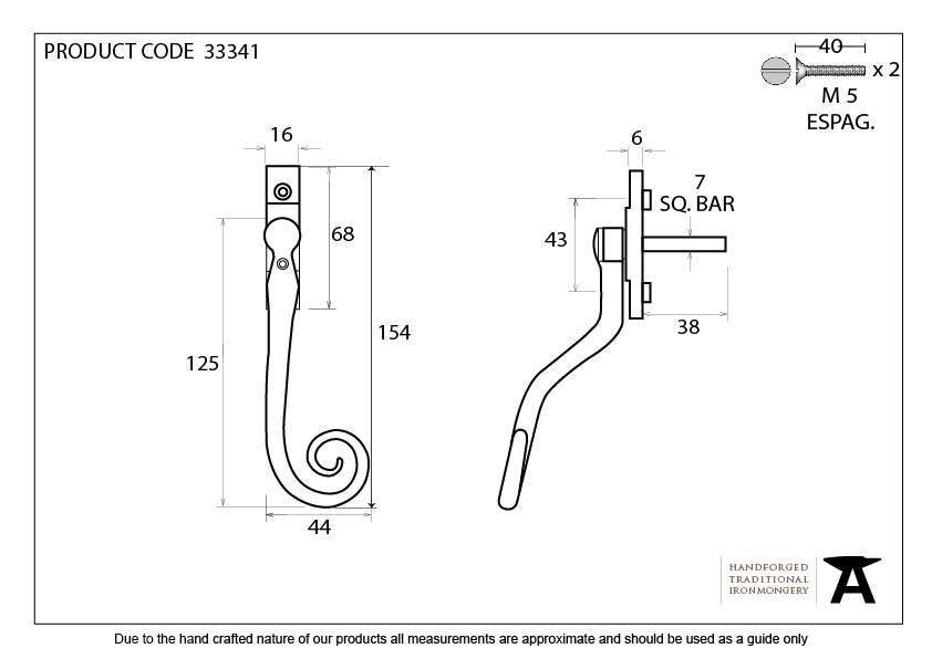 Black Large 16mm Monkeytail Espag - RH - 33341 - Technical Drawing