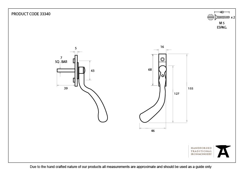 Black Large 16mm Peardrop Espag - LH - 33340 - Technical Drawing