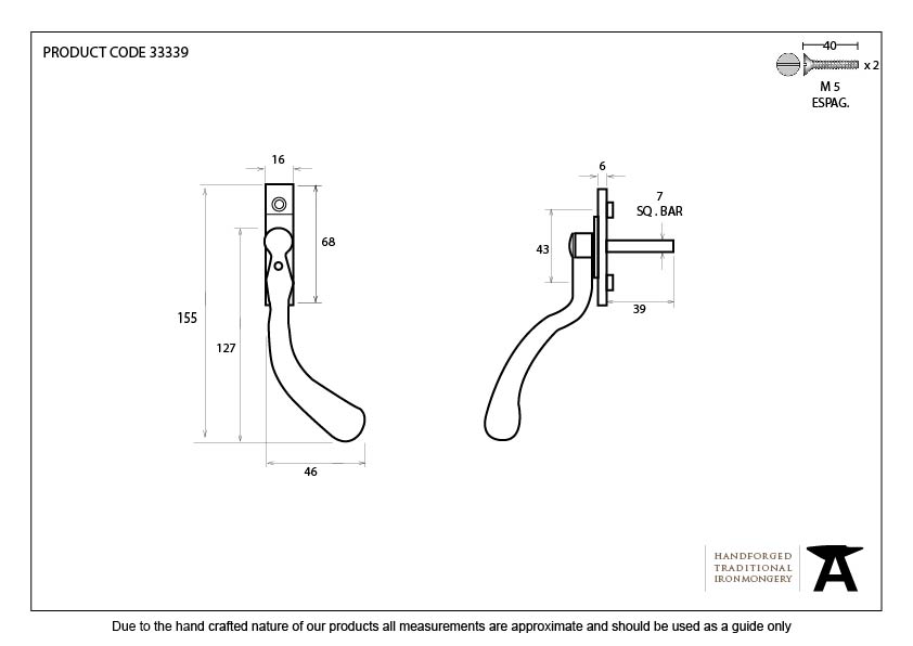 Black Large 16mm Peardrop Espag - RH - 33339 - Technical Drawing