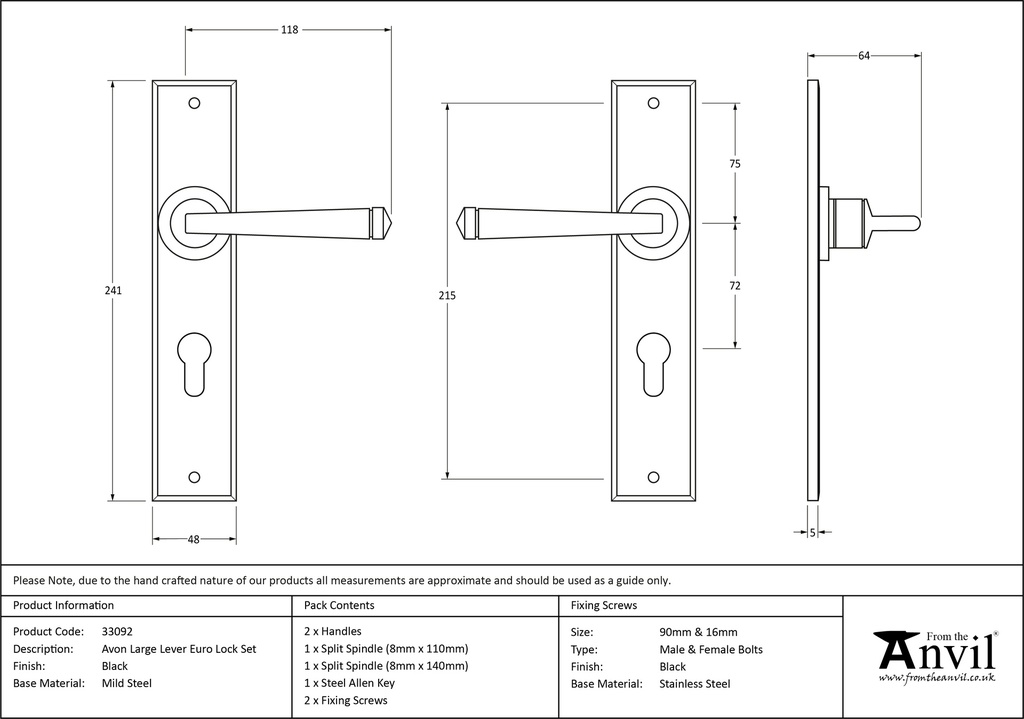 Black Large Avon 72mm Centre Euro Lock Set - 33092 - Technical Drawing