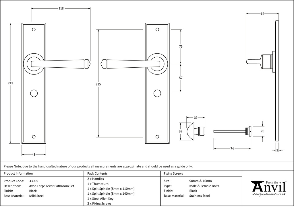 Black Large Avon Lever Bathroom Set - 33095 - Technical Drawing