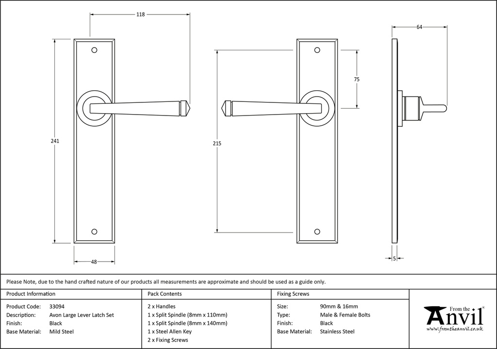 Black Large Avon Lever Latch Set - 33094 - Technical Drawing