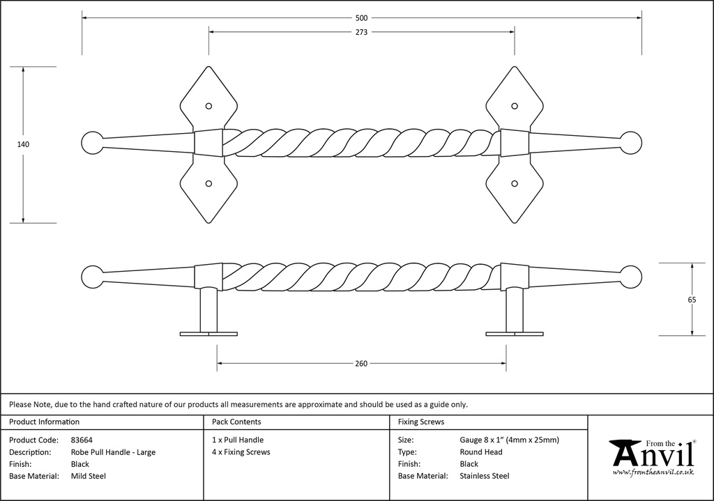 Black Large Robe Pull Handle - 83664 - Technical Drawing