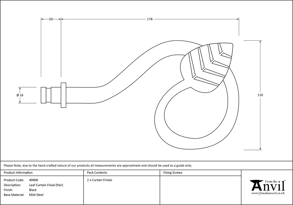 Black Leaf Curtain Finial (pair) - 49900 - Technical Drawing