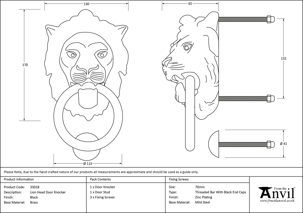 Black Lion Head Knocker - 33018 - Technical Drawing