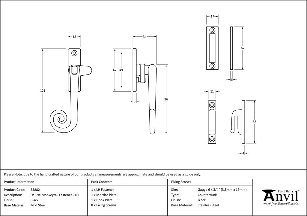 Black Locking Deluxe Monkeytail Fastener - LH - 33882 - Technical Drawing