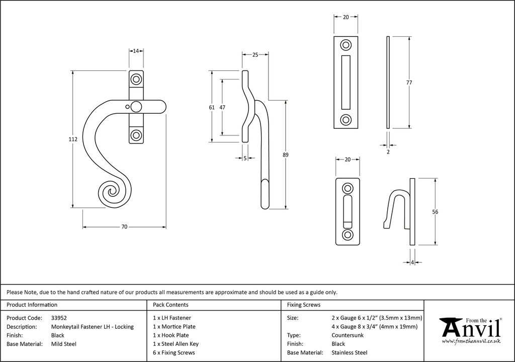Black Locking Monkeytail Fastener - LH - 33952 - Technical Drawing