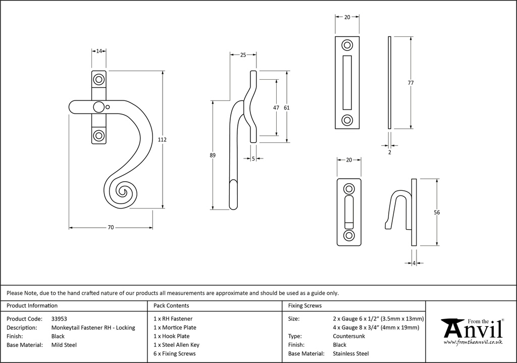 Black Locking Monkeytail Fastener - RH - 33953 - Technical Drawing