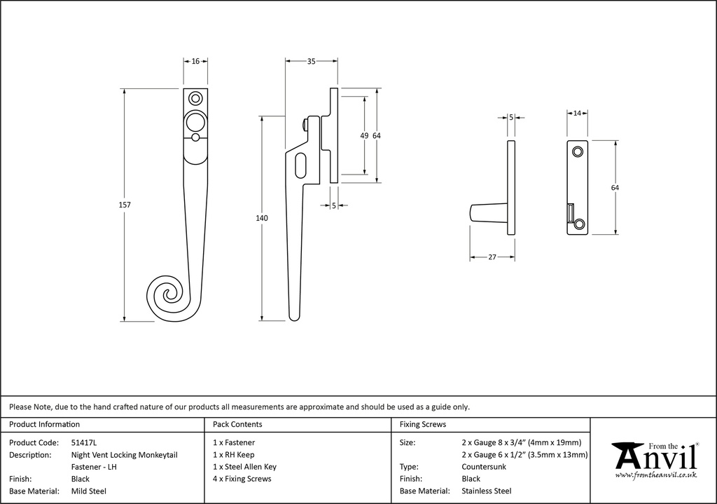 Black Locking Night-Vent Monkeytail Fastener - LH - 51417L - Technical Drawing