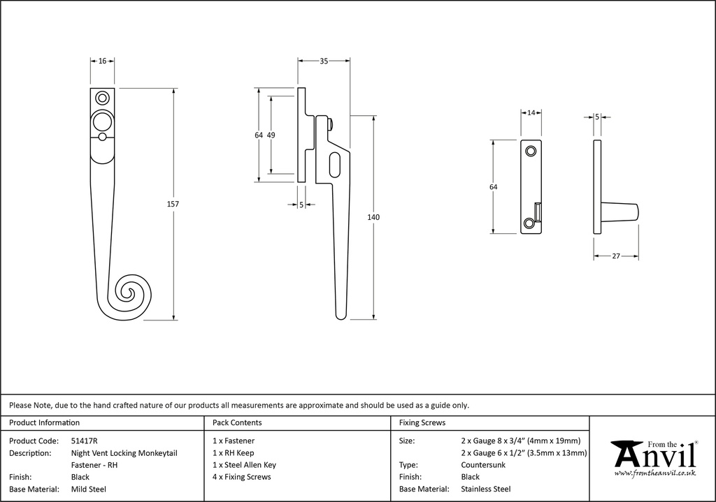 Black Locking Night-Vent Monkeytail Fastener - RH - 51417R - Technical Drawing