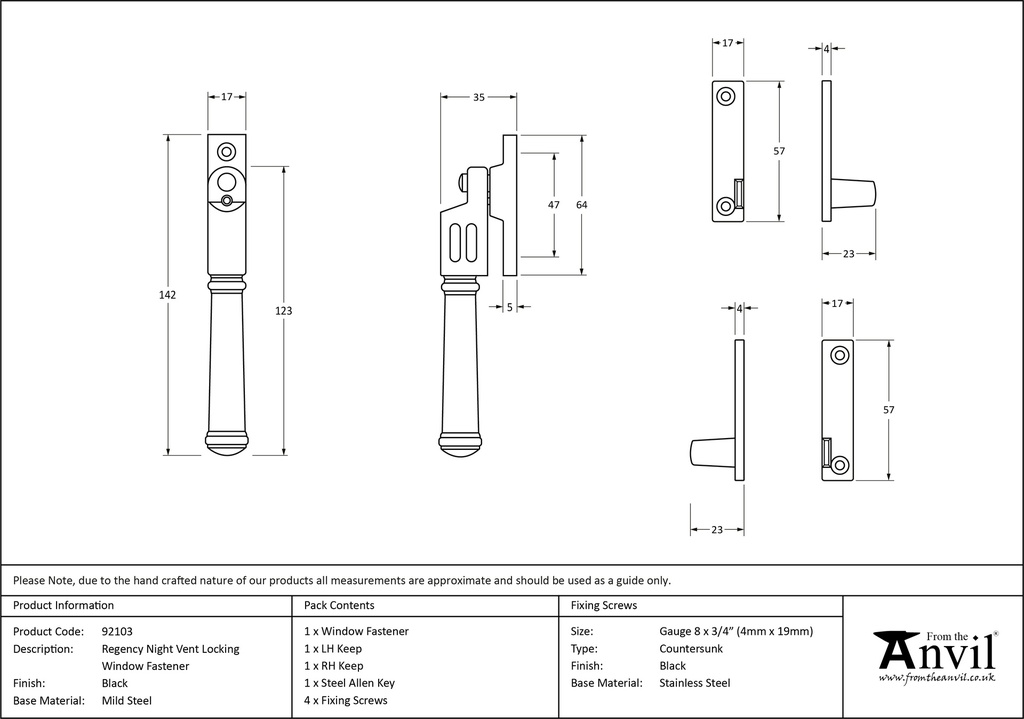 Black Locking Night-Vent Regency Fastener - 92103 - Technical Drawing