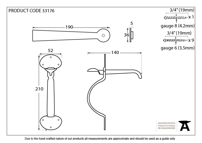 Black Medium Bean Thumblatch - 33176 - Technical Drawing