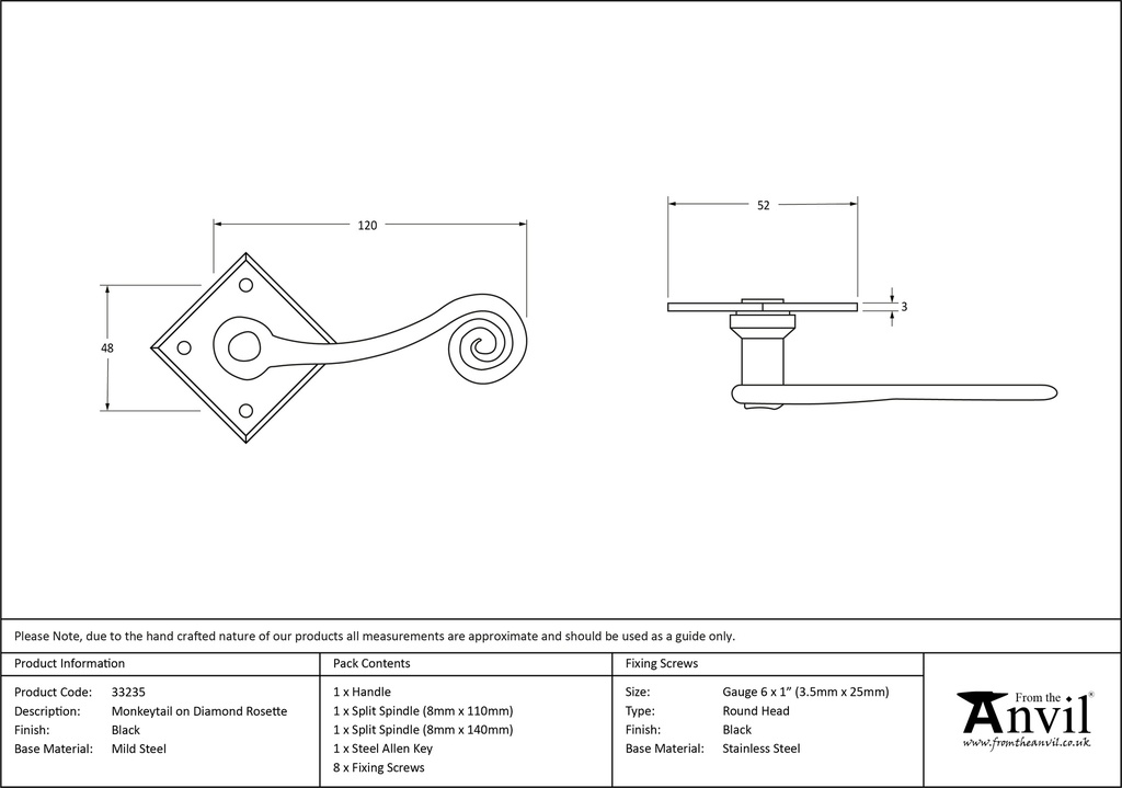 Black Monkeytail Lever on Rose Set (Diamond) - 33235 - Technical Drawing