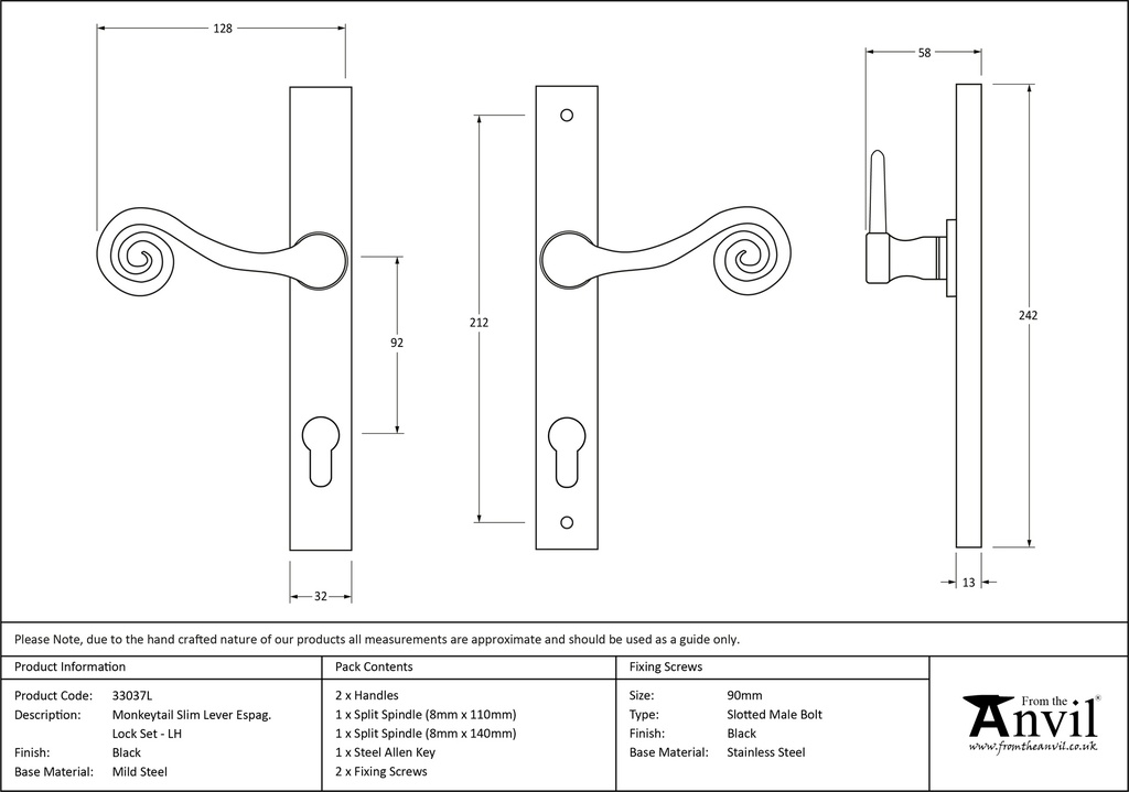 Black Monkeytail Slimline Lever Espag. Lock Set - LH - 33037L - Technical Drawing