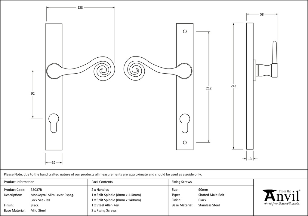 Black Monkeytail Slimline Lever Espag. Lock Set - RH - 33037R - Technical Drawing