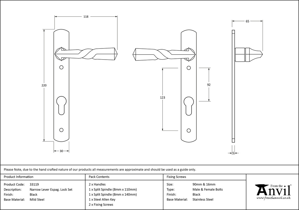 Black Narrow Lever Espag. Lock Set - 33119 - Technical Drawing