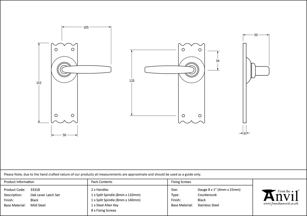 Black Oak Lever Latch Set - 33318 - Technical Drawing