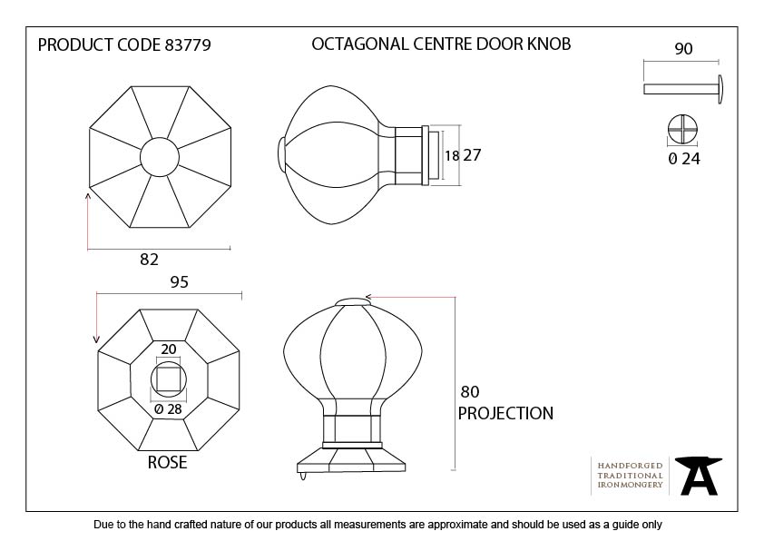 Black Octagonal Centre Door Knob - 83779 - Technical Drawing