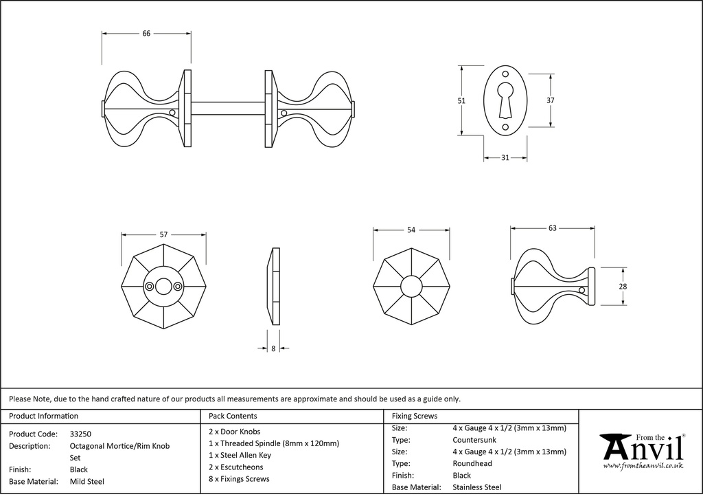Black Octagonal Mortice/Rim Knob Set - 33250 - Technical Drawing