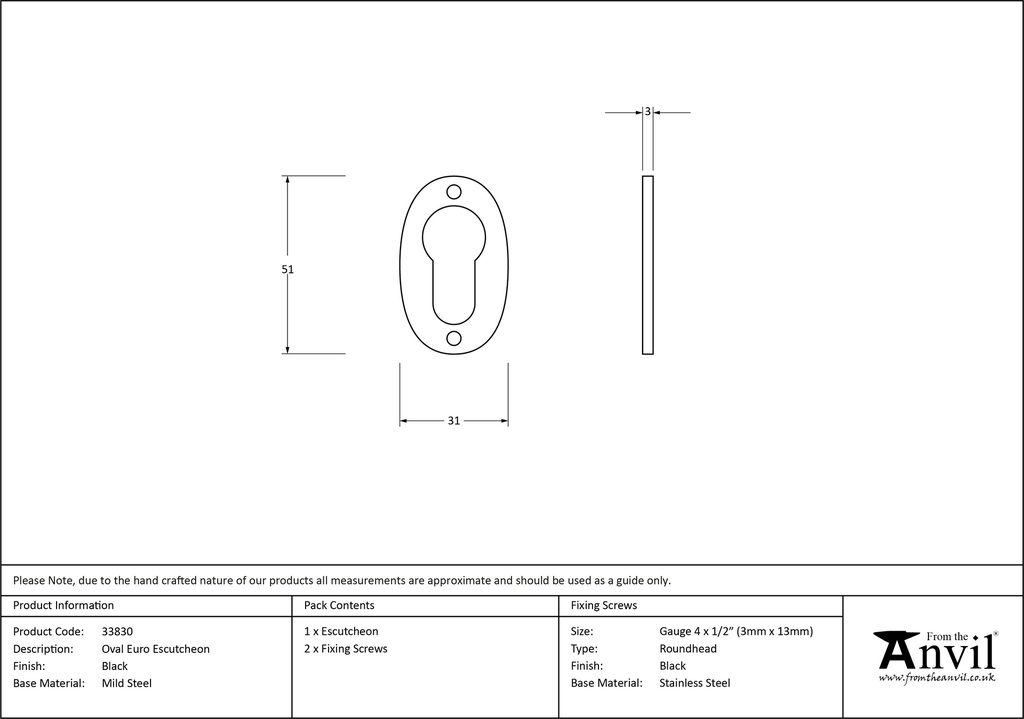 Black Oval Euro Escutcheon - 33830 - Technical Drawing