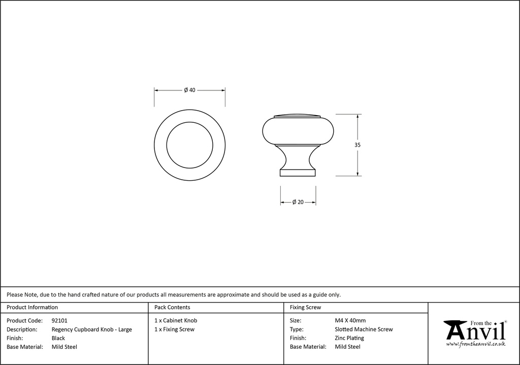 Black Regency Cabinet Knob - Large - 92101 - Technical Drawing