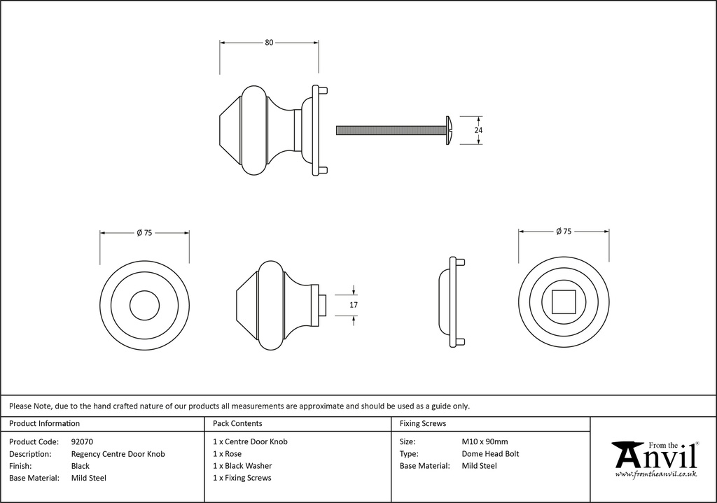 Black Regency Centre Door Knob - 92070 - Technical Drawing